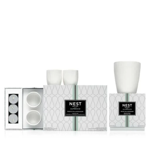 Outdoor Entertaining Set -Scented Serenity Shop nestnewyork alfresco whitetearosemary candle deluxetealight duo white background